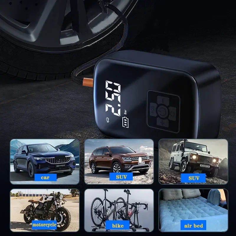 Bomba de ar AirFast elétrica portátil para carros,motos,bicicletas,bolas sem fio, display digital inteligente